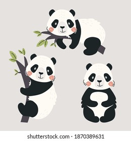 Set with cute Panda cubs isolated on a solid background. Vector illustration in a modern cartoon style, for printing on packaging paper, postcard, poster, banner, clothing. Cute children's background.