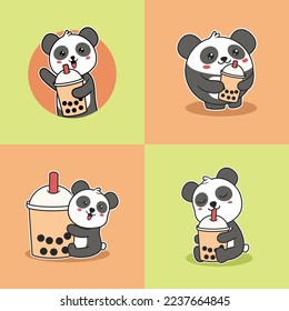 Set Of Cute Panda Drinking Bubble Tea Vector Illustration