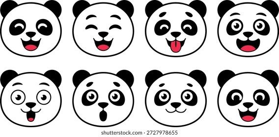 set of cute panda faces with different expressions on white