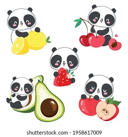 Set Cute panda with fruits vector illustration funny design trendy summer print apple, cherry, avocado, lemon, Strawberry 