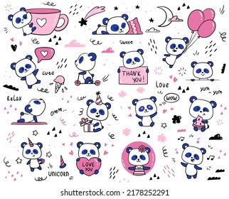 Set of cute panda. Funny little panda drinks coffee, holds balloons, eats pizza, does yoga and sleeps. Pattern for children clothing. Cartoon hand drawn vector collection isolated on white background