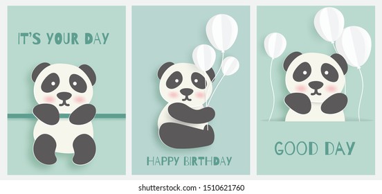 set of cute panda for  greeting card and birthday card in paper cut and craft style .