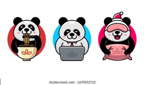 Set of cute panda illustrations. Panda eating noodles, panda working, panda sleeping.