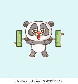 set Cute panda lifting bamboo barbel food kawaii chibi character mascot illustration outline design