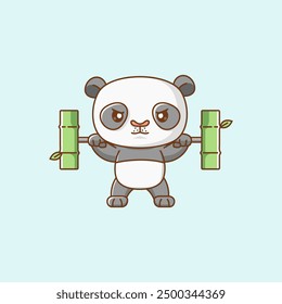 set Cute panda lifting bamboo barbel food kawaii chibi character mascot illustration outline design