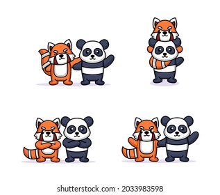 Conjunto de diseño de una linda panda y una mascota panda roja