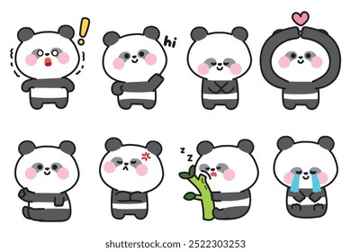 Conjunto de urso de pelúcia panda bonito em vários sentimentos e poses.Emotional.Chinese caractere animal selvagem desenho animado.Image para cartão,adesivo,decorado,bebê product.Kawaii.Vetor.Illustration.