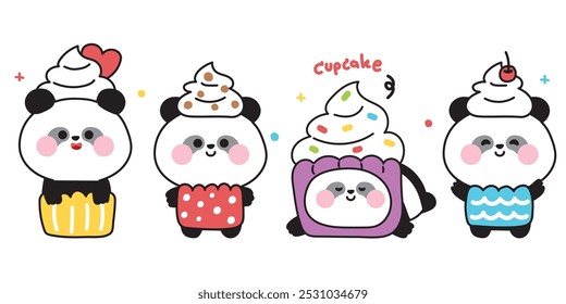 Conjunto de lindo oso de peluche panda usa mascota de cupcake. Panadería y dulce dibujado a mano. Diseño de dibujos animados de animales salvajes chinos. Imagen para tarjeta, pegatina, ropa de bebé. Kawaii. Vector. Ilustración.