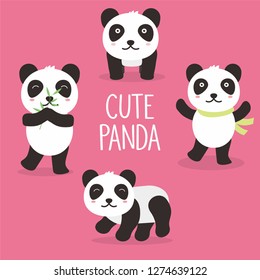 Set of cute panda vector isolated on pink background