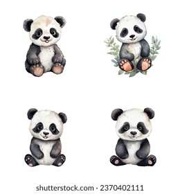 set of cute panda watercolor illustrations for printing on baby clothes, sticker, postcards, baby showers, games and books, safari jungle animals vector