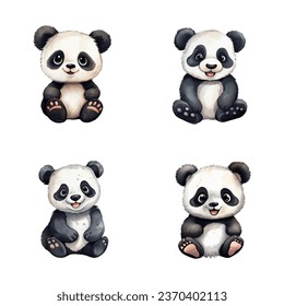 set of cute panda watercolor illustrations for printing on baby clothes, sticker, postcards, baby showers, games and books, safari jungle animals vector