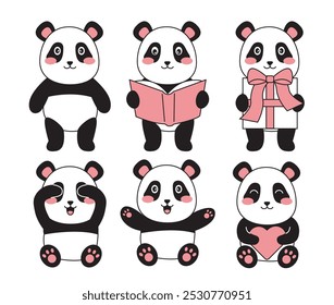 Set of cute pandas. Asian black and white animals with heart, giftbox and book. Chinese teddy bear toy. Romantic present. Linear vector collection isolated on white background