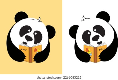 Conjunto de lindos pandas con un libro. Ilustración vectorial simple en estilo plano para el diseño escolar.