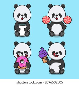 Set of cute pandas cartoon vector icon illustration. Animal food mascot character concept isolated vector. Flat cartoon style