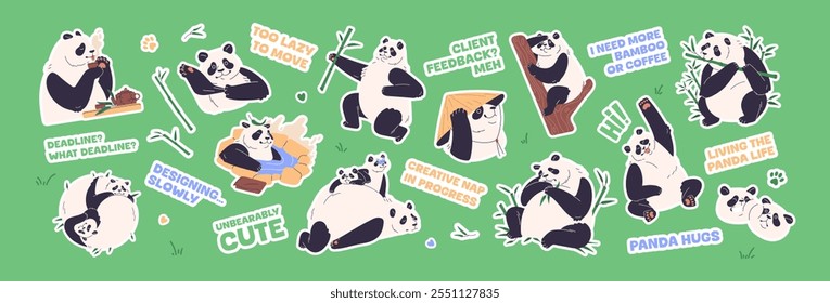 Conjunto de pandas lindos con frases cómicas. Paquete de pegatinas de divertidos osos chinos. Animales asiáticos felices comiendo bambú, duermen, se relajan en el estanque, beben té, yacen y se abrazan. Ilustraciones vectoriales aisladas planas