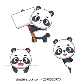 Set of cute pandas for design. Holds a sign, looks out from the side, looks up from below