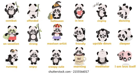 Set of cute pandas in different moods and movements, emotions. Vector illustration.