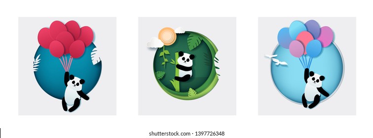 Set of cute pandas in different situations - flying on balls and in the wild. Flat cut paper on white background vector.