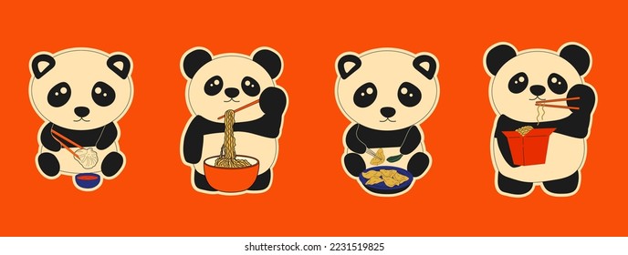 Set of Cute pandas eating dim sum doodle. Traditional Chinese dumplings. Illustration of the Kawaii Asian food vector.