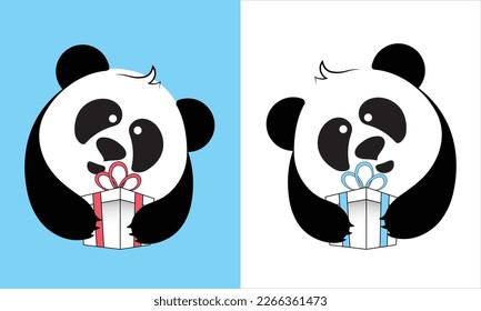 Set of cute pandas with a gift. Simple vector illustration in flat style.