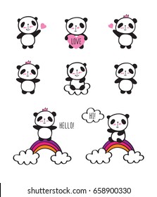 Set Cute Pandas Hearts Clouds Rainbows Stock Vector (Royalty Free ...