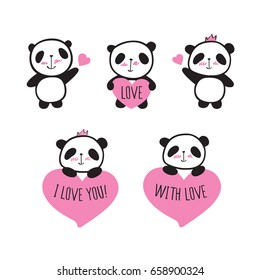 Set of cute pandas with hearts. Elements for Valentine's Day, birthday, Mother's Day, wedding. Hand drawn illustration for your design. Doodles, sketch. Vector