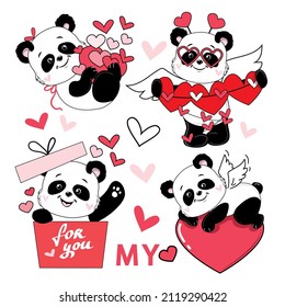 Set of cute pandas and hearts for valentine's day isolated on white background. Vector illustration