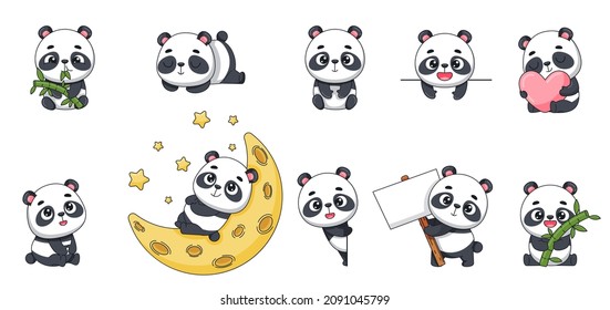 Set of cute pandas. Love, asleep, chews, sits, holds a sign, looks out. Vector for design, banners, children's books and patterns