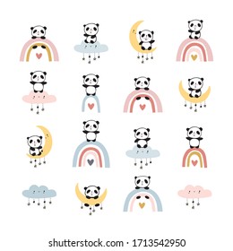 Set of cute pandas on a cloud, rainbow and moon. Childish print for nursery, kids apparel, poster, wall art. Vector.