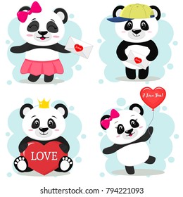 A set of cute pandas on Valentine's Day in the style of a cartoon.