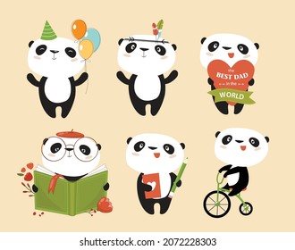 Set of cute pandas. The panda has a birthday, the panda is on a bike, the panda is reading. Vector collection of cartoon pandas. A set of stickers with cute pandas.