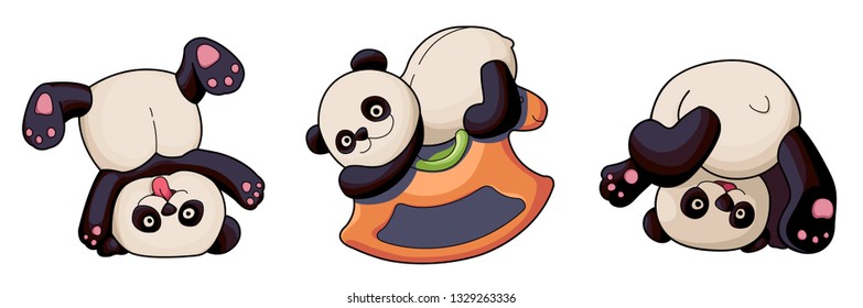 set of cute pandas. The panda shows the tongue, the panda rides the horse, the panda tumbles. Vector illustration, isolated objects.