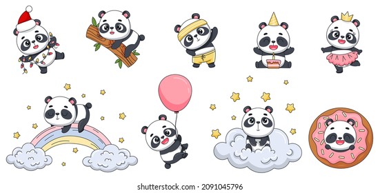 Conjunto de lindos pandas. Deportes, año nuevo, cumpleaños, princesa, pelota, donut, arcoíris, sentados en una nube entre las estrellas. Vector de diseño, carteles, libros y patrones infantiles