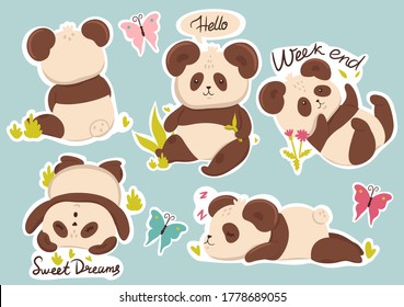 Set of cute pandas stickers with captions. Vector graphics.