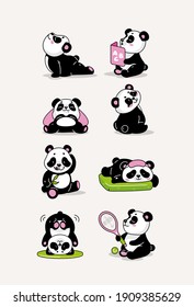 
A set with cute pandas who are spending time actively. Vector illustration with kawaii pandas.