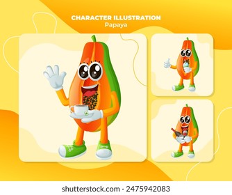 Set of cute papaya characters enjoying beverages. Perfect for kids, merchandise and sticker, banner promotion or blog
