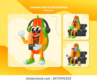 Set of cute papaya characters enjoying leisure activities. Perfect for kids, merchandise and sticker, banner promotion or blog
