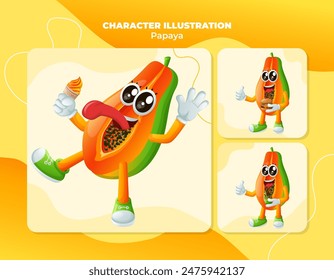 Set of cute papaya characters enjoying food. Perfect for kids, merchandise and sticker, banner promotion or blog
