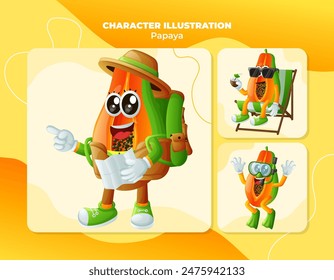 Set of cute papaya characters on vacation. Perfect for kids, merchandise and sticker, banner promotion or blog
