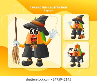 Set of cute papaya characters on Halloween. Perfect for kids, merchandise and sticker, banner promotion or blog
