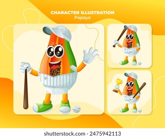 Set of cute papaya characters playing baseball. Perfect for kids, merchandise and sticker, banner promotion or blog
