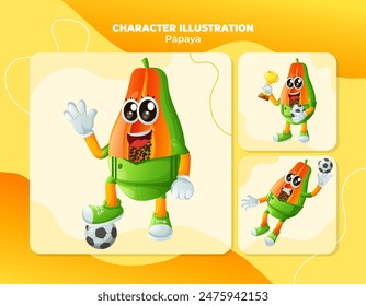 Set of cute papaya characters playing soccer. Perfect for kids, merchandise and sticker, banner promotion or blog
