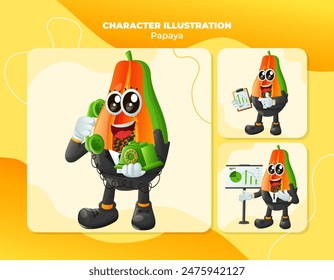 Set of cute papaya characters at work. Perfect for kids, merchandise and sticker, banner promotion or blog

