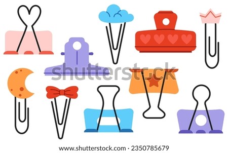 Set of cute paper clips, clamps and binders isolated on white background.
