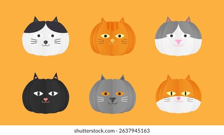 Set of cute paper cut cat heads. Paper sticker print.Vector illustration