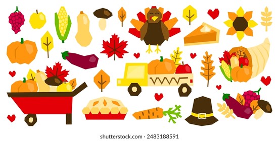 Set of cute paper cut thanksgiving icons isolated on white background. Seasonal autumn festival. Local vegetables from farm.