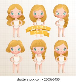 Set of Cute Paper Doll : Blonde Hair : Vector Illustration