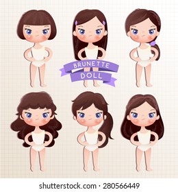 Set of Cute Paper Doll: Brunette Hair : Vector Illustration