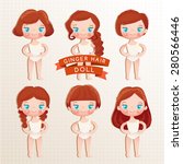 Set of Cute Paper Doll : Ginger Red Hair : Vector Illustration