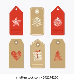 Set of cute paper gift tags, labels with textured christmas symbols, isolated vector objects